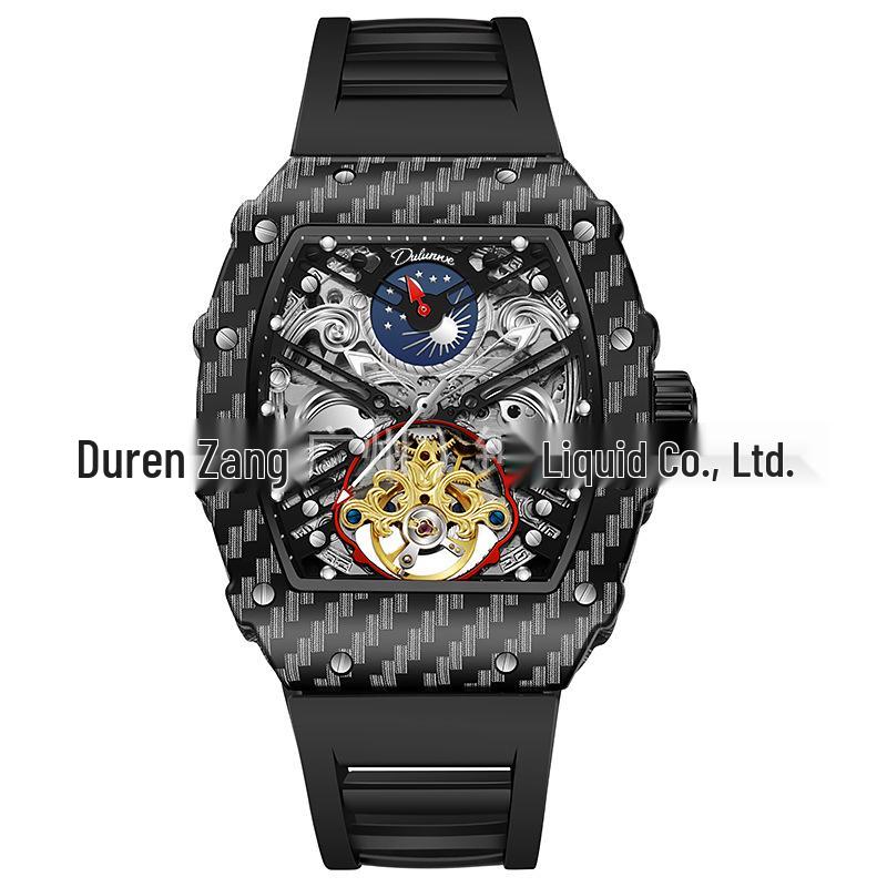 Мужские часы Durham Weida Tonneau Skeleton Tourbillon с автоподзаводом и резиновым ремешком.