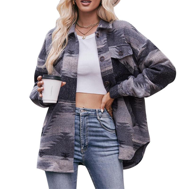 Geometric Loose Women's Lapel Long-Sleeved Coat Jacket Shirt
