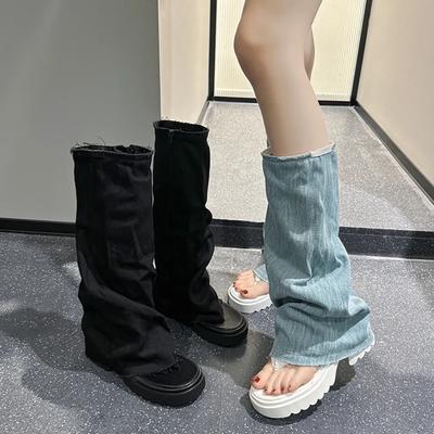 Модные джинсовые женские сапоги, летние новые женские сапоги с боковой молнией на толстой подошве, синие модные длинные сапоги, женская обувь, туфли на платформе