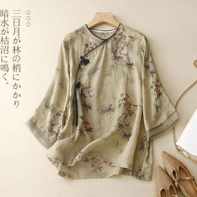 Повседневная рубашка в китайском стиле для женщин, поступление, лето, винтажный O-образный вырез, цветочный принт, свободные женские топы, рубашки