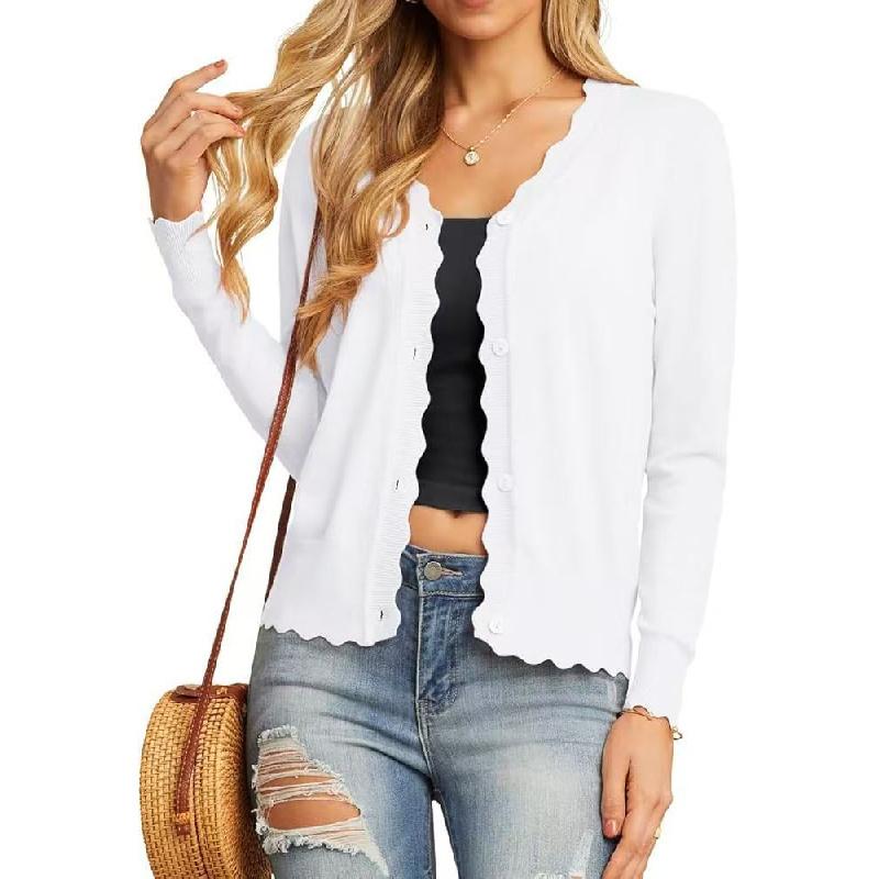 Women's Sweater for Spring and Autumn with Ruffled V-Neck and Buttoned Knit Cardigan Top