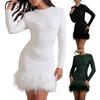 Women's Sequin Feather Trim Mini Dress Long Sleeve Sexy Shiny Bodycon Dress Sparkly Cocktail Gown for Birthday Party Club Night