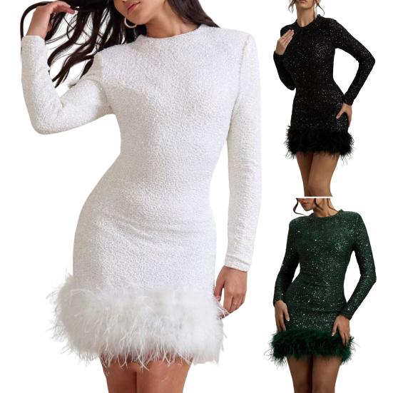 Women's Sequin Feather Trim Mini Dress Long Sleeve Sexy Shiny Bodycon Dress Sparkly Cocktail Gown for Birthday Party Club Night