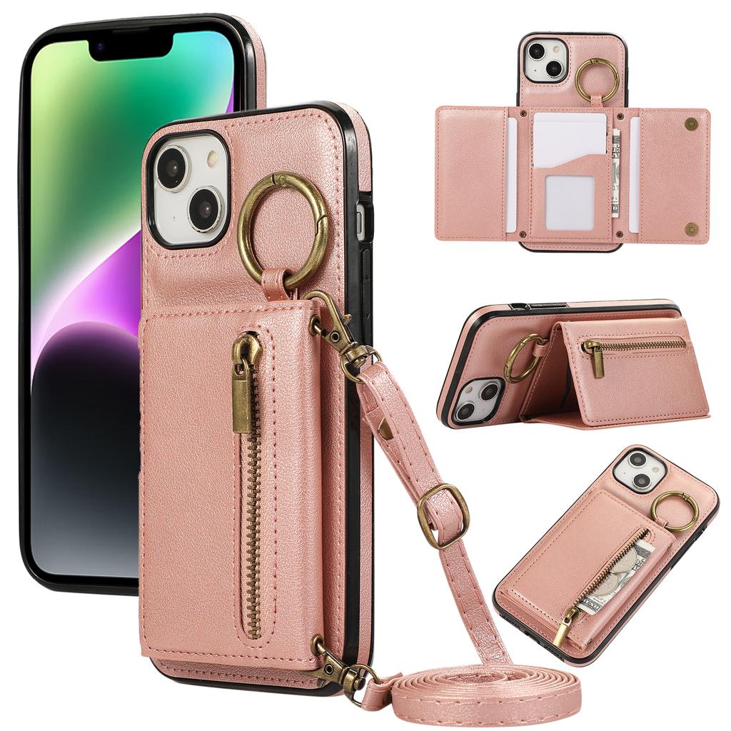 For iPhone 14/13 Leather Back Cover Zipper Wallet Kickstand Phone Case with Shoulder Strap