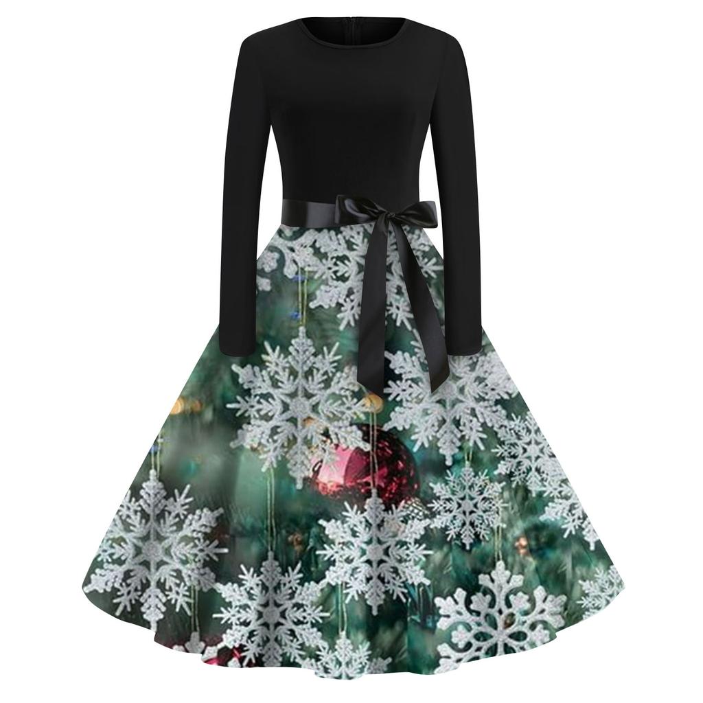 Женская мода с круглым вырезом, повседневные тонкие рождественские платья с длинным рукавом и принтом