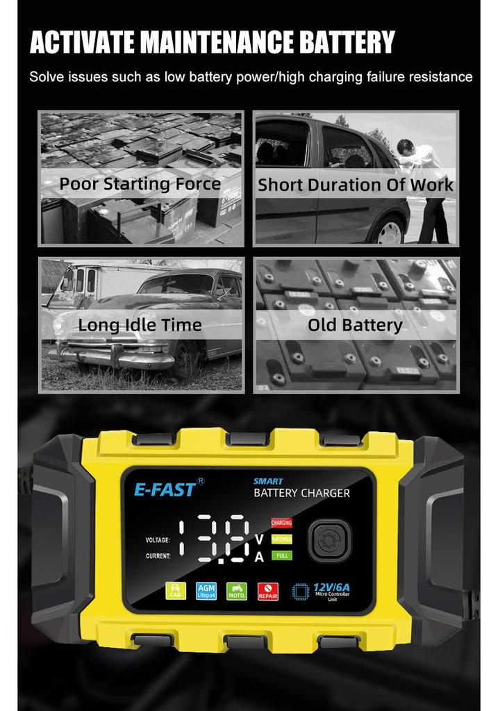 E-FAST 12В Литий-ионный и свинцово-кислотный автомобильный/мотоциклетный зарядник аккумулятора с цветным экраном