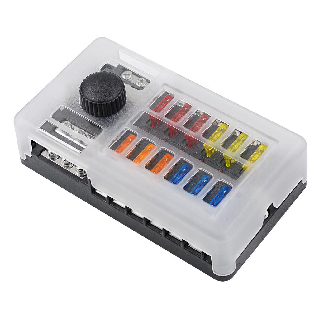 Automotive Marine Boat Fuse Block Waterproof 12 Way with 12 Ground Negative Busbar [100 Amp Max] [ATC/ATO Fuses] [LED Indicator] for Car RV Golf Cart