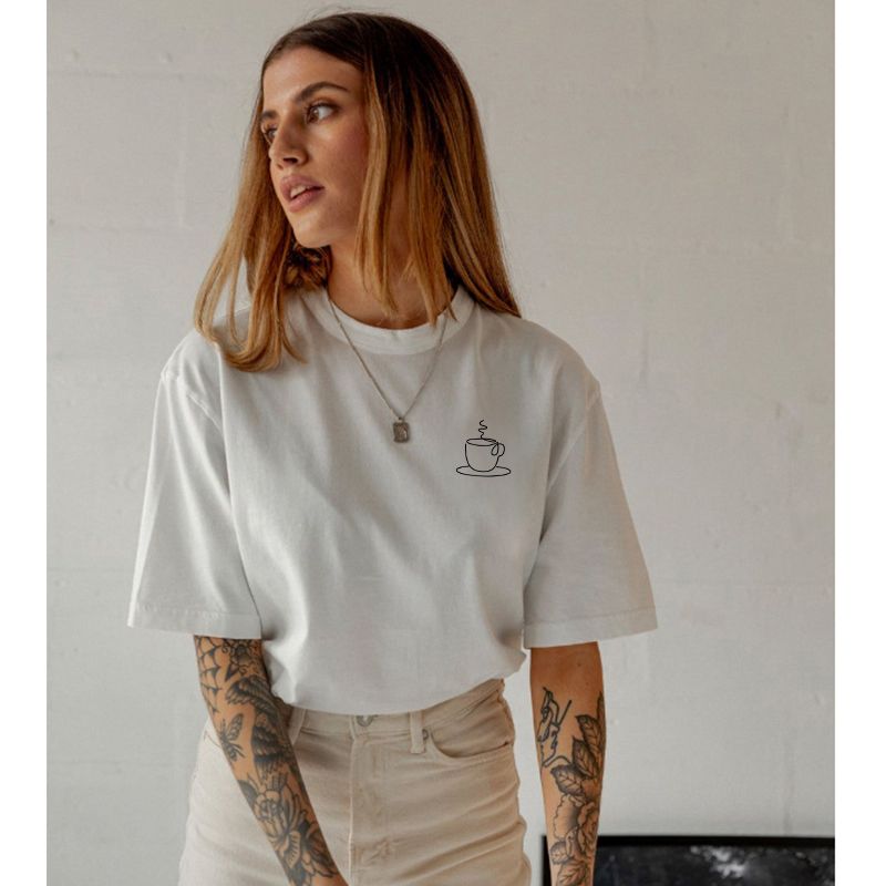 Coffee Line Print Niche Style American Retro Style Normcore Design Easiest for Match Pure Cotton Short Sleeve T-shirt for Women