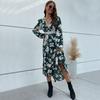 Женское весеннее платье с V-образным вырезом и рюшами и длинными рукавами с нерегулярным принтом и цветочным принтом