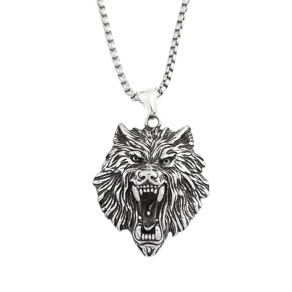 Nordic Hip Hop Retro Titanium Steel Men's Necklace Does Not Fade Domineering Personality Stainless Steel Viking Wolf Head Pendant
