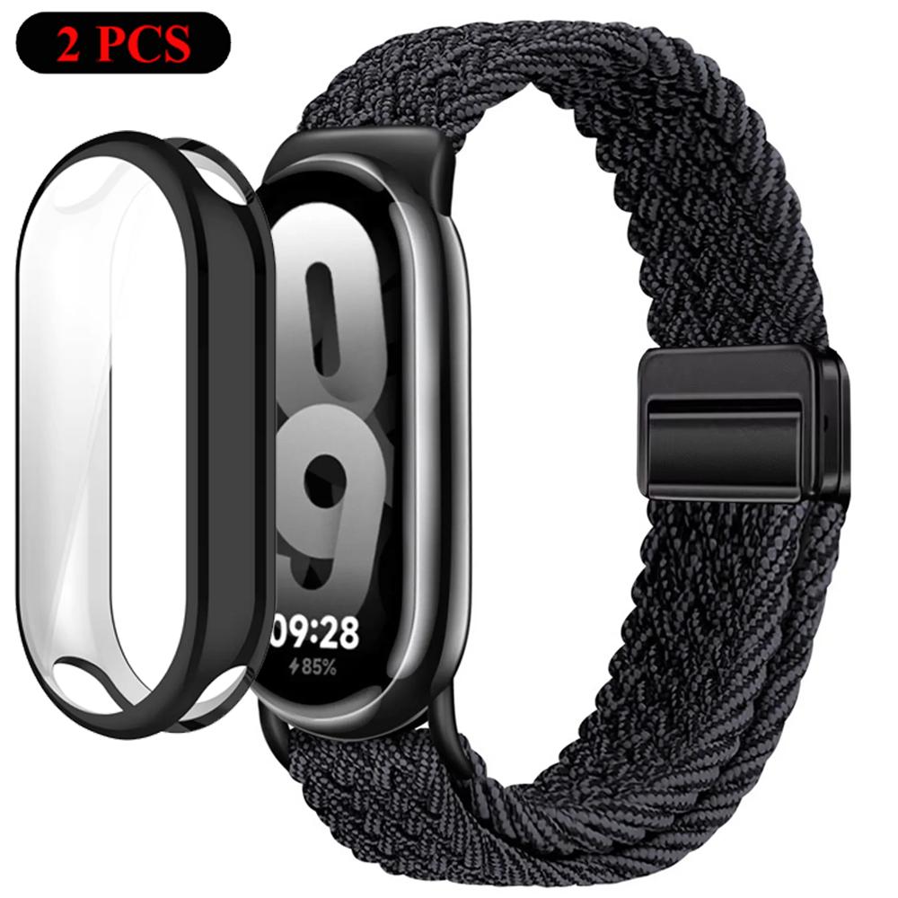 Чехол+Ремешок для Xiaomi Miband 10 9 8 Плетеный Нейлоновый Удобный Браслет Ремешок для Mi Band 10/9/8 NFC Miband 10/9 Керамический Ремень