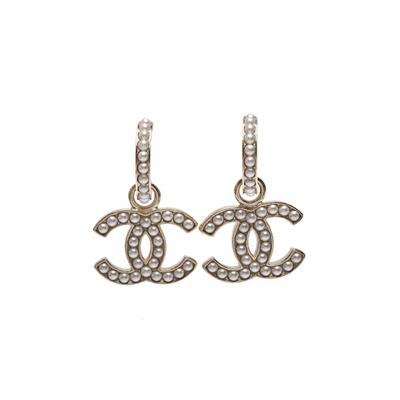 Chanel Жемчужный Классический Подвеска с Двойным C Жемчужные Серьги Золото