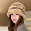 Вязаная шапка-ведро из меха кролика, женская, зима 2023, новая плюшевая утолщенная термошапка с изображением маленького лица