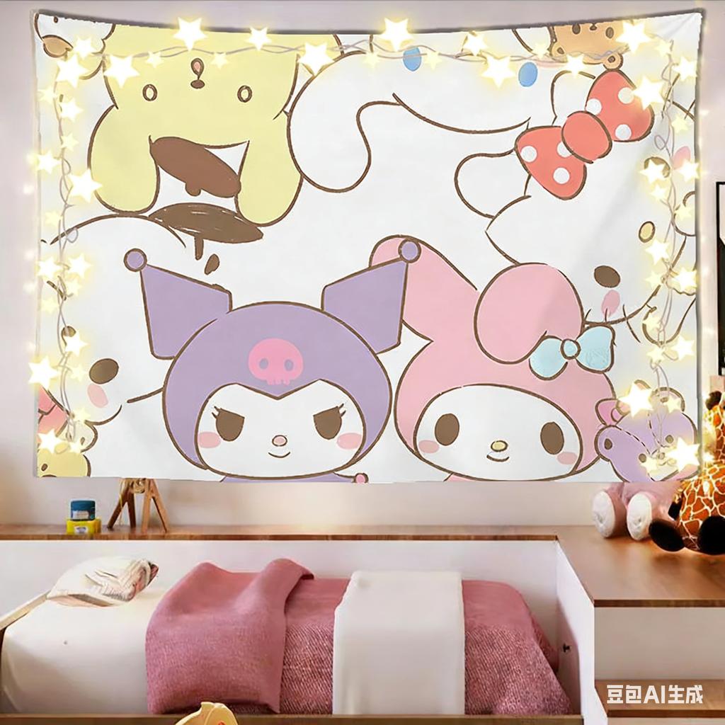Kawaii Cartoon Characters Tapestry Kuromi My Melody Group Print Polyester Wall Hanging Sweet Pink Themed Home Decor for Bedr