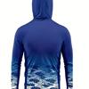 Men's fishing shirt outdoor sportswear long-sleeved hooded fashion casual transparent blue waves gradual change digital printing