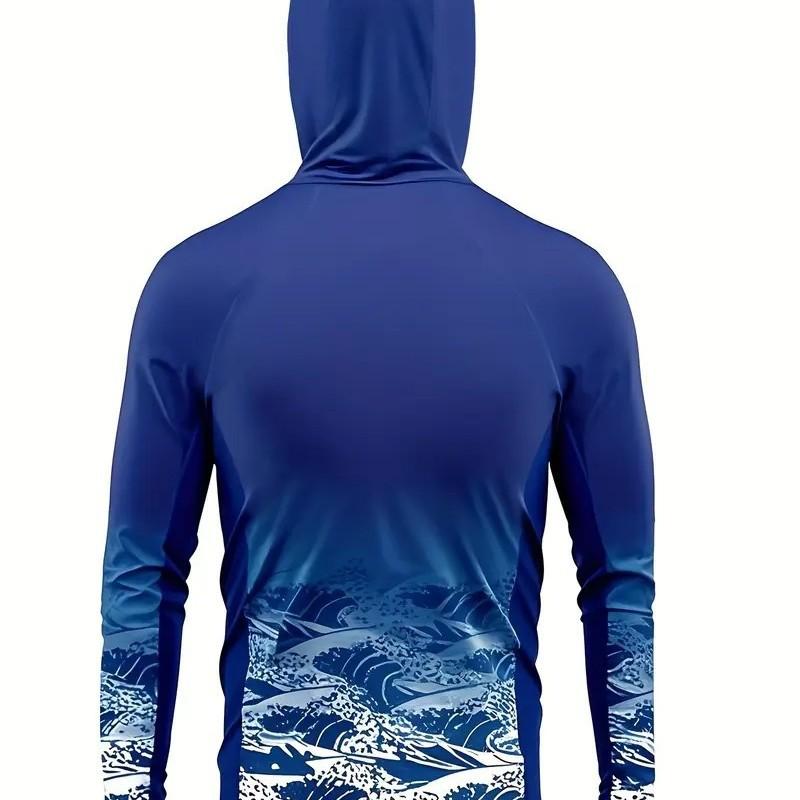 Men's fishing shirt outdoor sportswear long-sleeved hooded fashion casual transparent blue waves gradual change digital printing