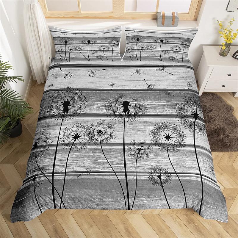 Dandelion Floral Duvet Cover King Queen Wooden Plank Farmhouse Comforter Cover Microfiber Dragonfly Botanical Weed Bedding Set