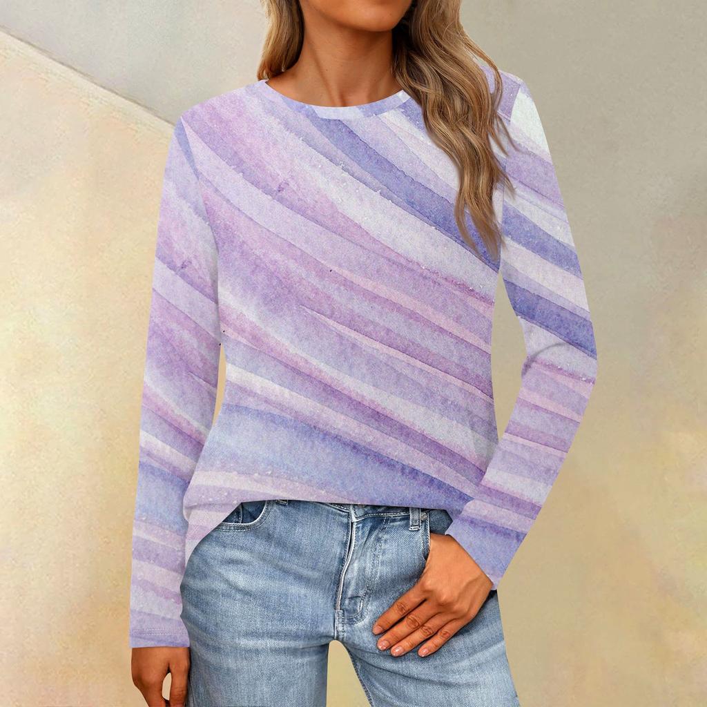 Женская свободная повседневная повседневная футболка с длинным рукавом и круглым вырезом, сплошной цвет, топ