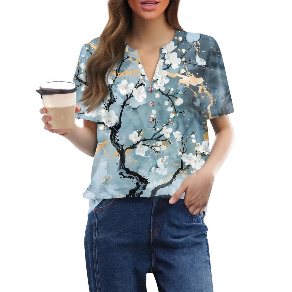 Женский модный повседневный свитер с коротким рукавом и принтом на пуговицах и V-образным вырезом