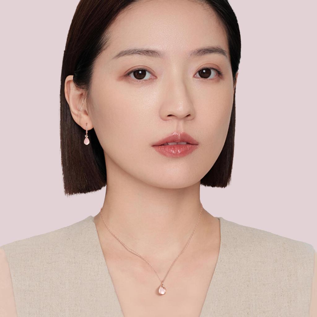 Necklace Earrings Set Natural Rose Quartz 18K Love Silver 925 Hypoallergenic Necklace Pink Gold Natural Stone Tea Anniversary Present for Accessories