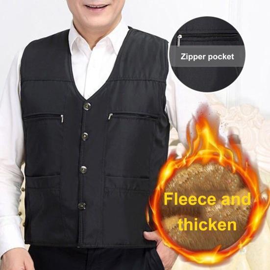 Мужской осенне-зимний жилет, толстый плюшевый жилет без рукавов на молнии с V-образным вырезом, сплошной цвет с несколькими карманами, жилет среднего возраста для отца-рыбалки, мужской зимний жилет, пальто