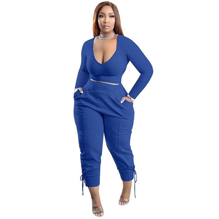 European & American Plus Size V-Neck Solid Color Casual Two-Piece Legging Suit for Women