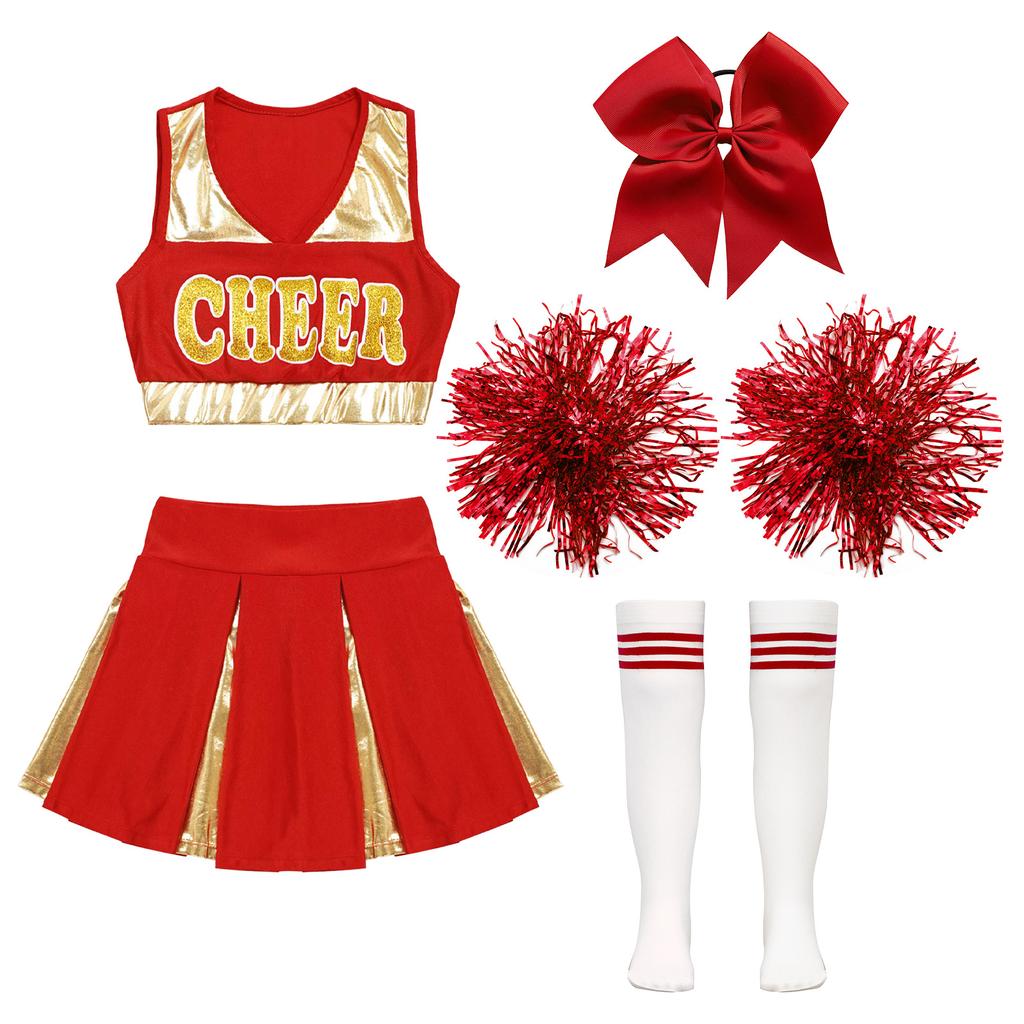 Детский костюм лидера группы поддержки для девочек, наряды для косплея на Хэллоуин, униформа, укороченные топы без рукавов с плиссированными юбками, помпоны, носки с завязками для волос