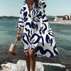Turn-down Collar Long Sleeve High-Low Hem Holiday Dress Geometry Wave Print Oversized Shirt