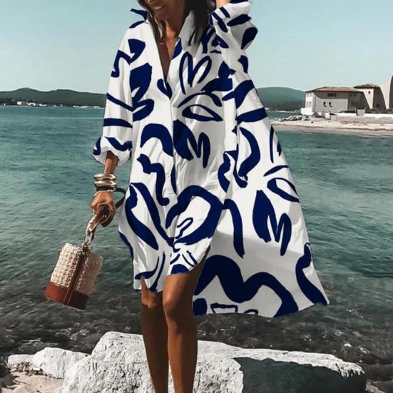 Turn-down Collar Long Sleeve High-Low Hem Holiday Dress Geometry Wave Print Oversized Shirt