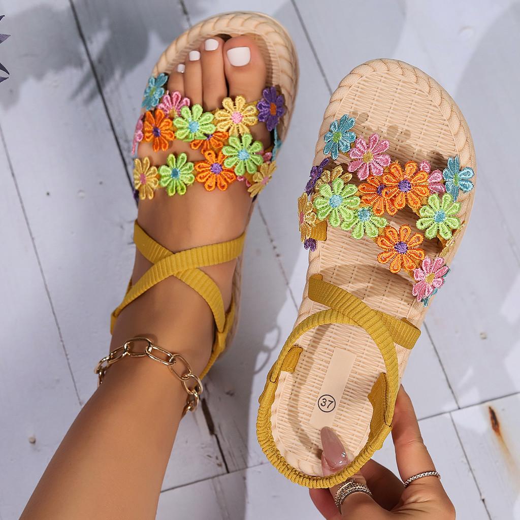 Summer Fashion Womens Cross Strappy Flower Sandals Eva Sole For Casual Wear