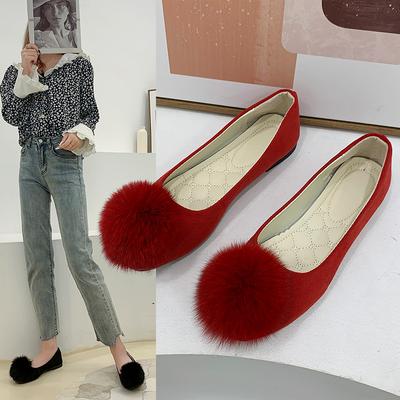 Туфли Hairball Single Square Head Suede Internet Celebrity Flat Bottom Hairball Laden Shoes Shallow Mouth Universal Large Size