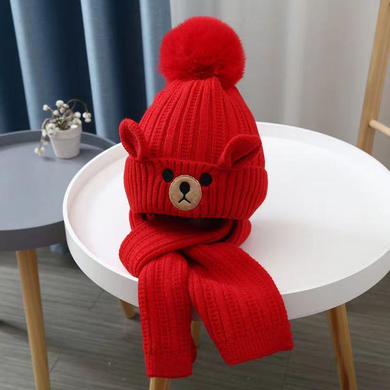 Autumn and Winter Children's Hat Boy Bear Wool Hat Girl Knitted Cotton Warm Baby Hat Scarf Two-piece Set