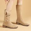Мода Модные сапоги женские 2024 на зиму Длинные сапоги с металлическими пуговицами Круглый носок Сапоги до середины икры Черные толстые каблуки Офисные женские сапоги