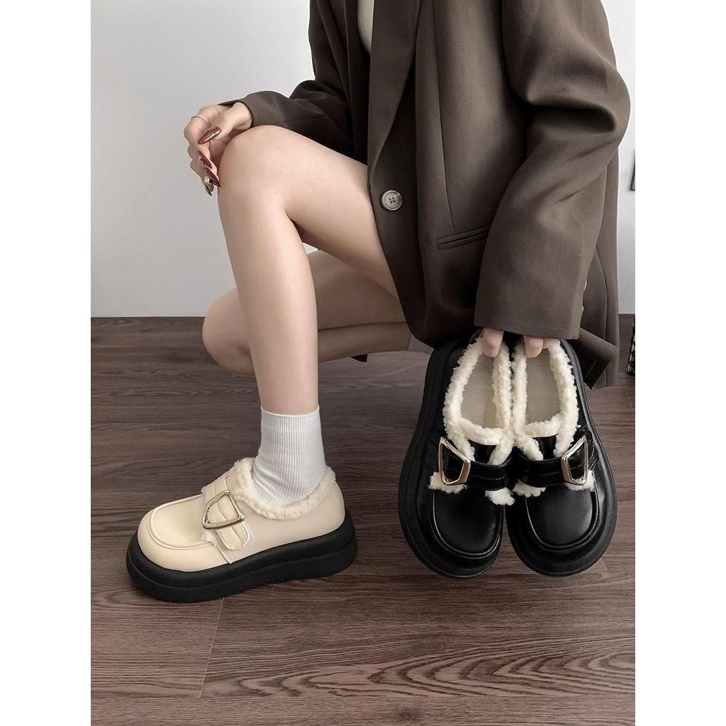 British Style Black Velvet Retro Small Leather Shoes Women's 2025 New Autumn and Winter Platform Heightening Loafers Ins Tide