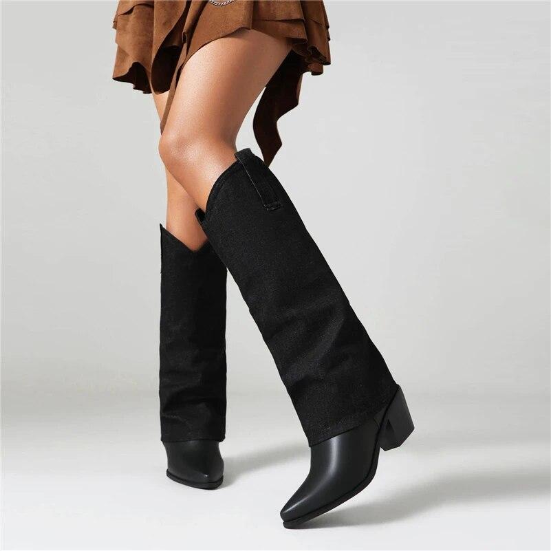 FOREADA Women Knee High Long Boots Pointed Toe Gogo Boots Thick High Heels Western Cowgirl Boots Ladies Fashion Shoes Winter 46