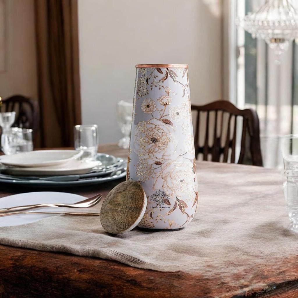 Copper Gold Printed Bottle with Wooden Lid – 1300 ML, Elegant Floral Design Copper Water Bottle for Daily Use, Home Décor, and Gifting