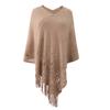 Women Autumn Cape Knitting Tassel Hollow Out Bohemian Solid Color Loose V Neck Irregular Plus Size Hem Shawl Fall Poncho