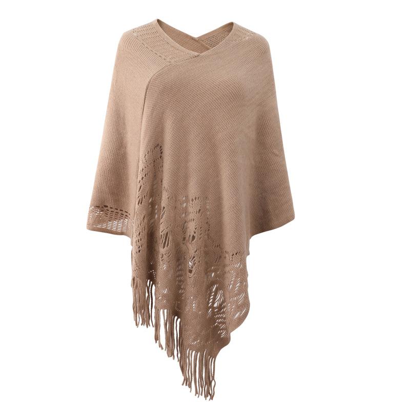 Women Autumn Cape Knitting Tassel Hollow Out Bohemian Solid Color Loose V Neck Irregular Plus Size Hem Shawl Fall Poncho