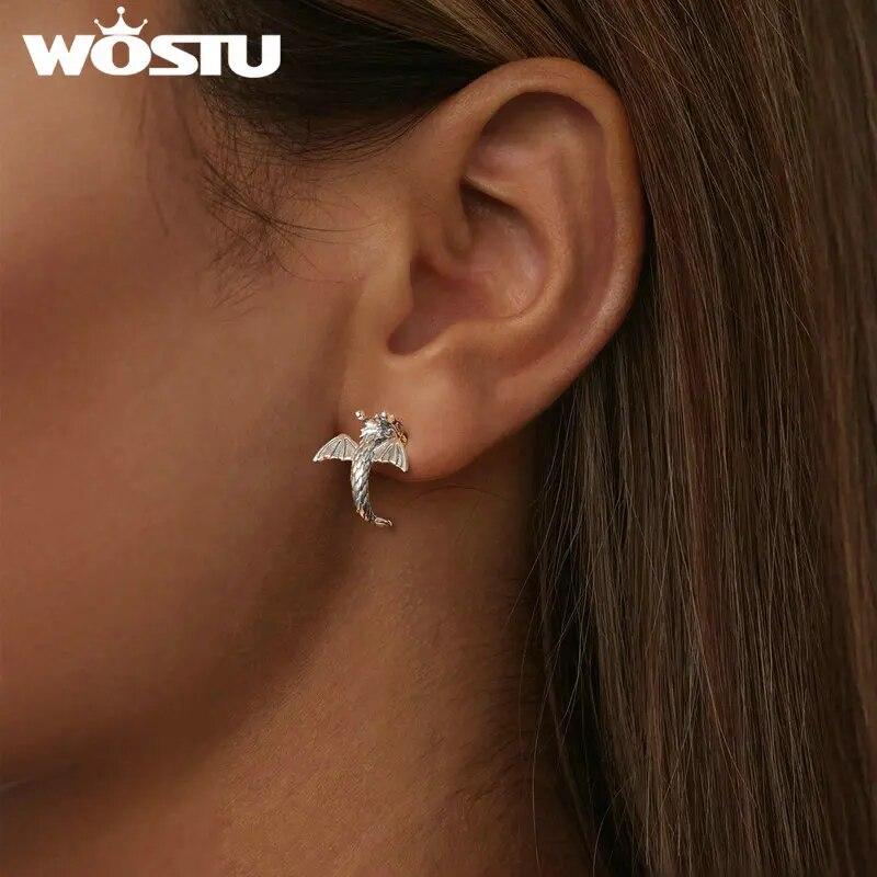 WOSTU 925 Sterling Silver Flying Dragon Stud Earrings Oxidized Silver Vintage Ear Studs Fine Jewelry For Women Girl Party Gift