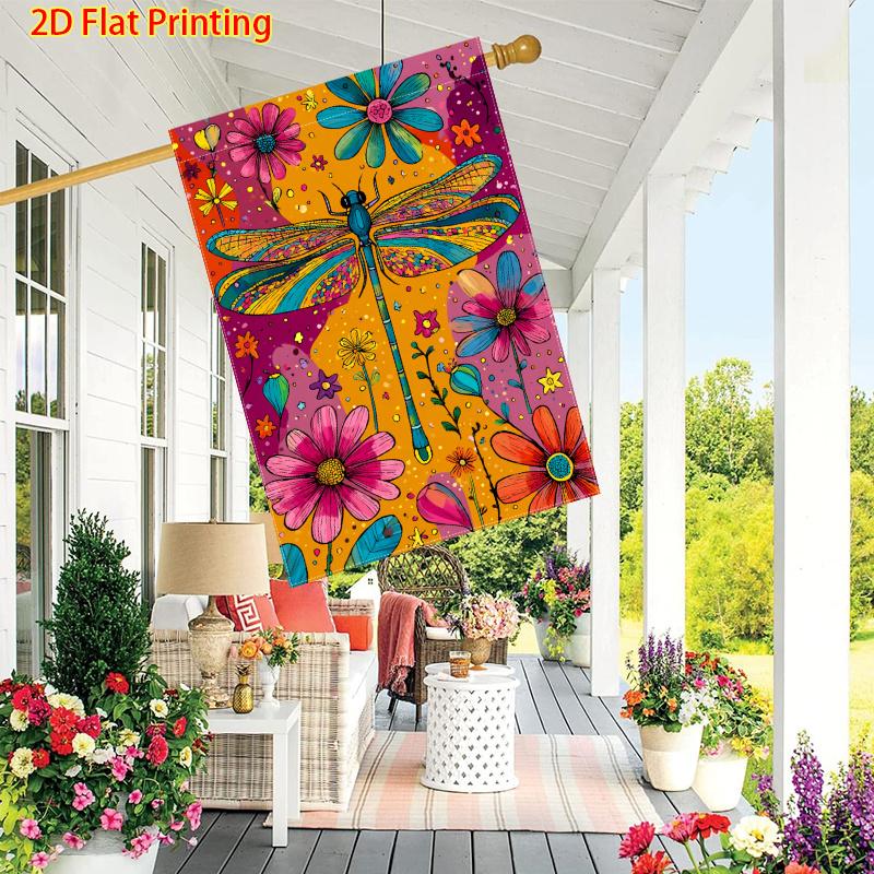 2D Flat, 2D Printing,1pc Spring and Summer, Colorful Dragonfly and Floral Patterns (1)FlagDouble-sided Garden Flag Courtyard Decoration, Outdoor Decor