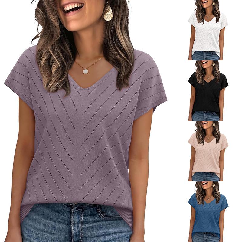 Летний горячий тренд 2026 года Пляжный отдых Короткий рукав V-образный вырез Ажурный повседневный вязаный свитер для женщин