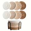8pcs Flaxen Rope Coasters, Heat-Resistant and Non-Slip Absorbent Round Coasters In Rustic Style with Storage Rack for Home Dining Table or Coffee Cups