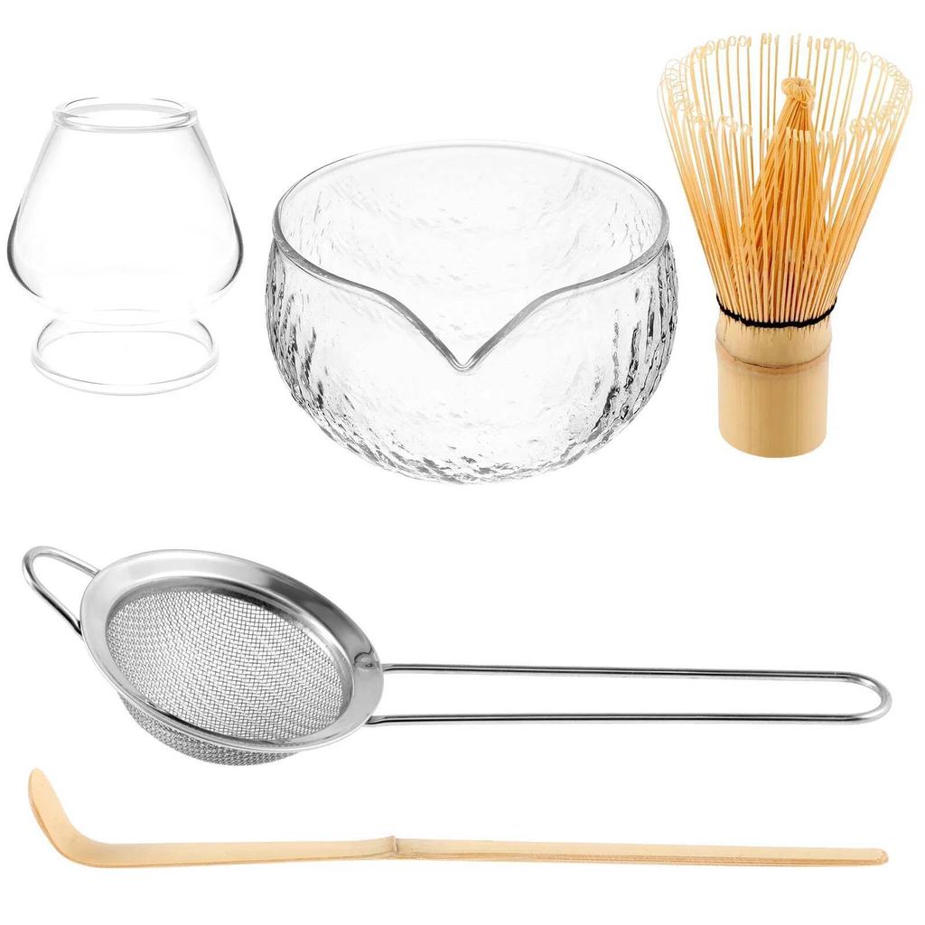 Набор венчиков для матча Керамическая чаша для матча с носиком для наливания Венчик для матча из бамбука Сито из нержавеющей стали Керамический держатель для венчика из бамбука Совок