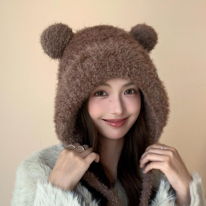 Зимняя милая плюшевая шапка с медвежонком, женская ветрозащитная шапка из вязаной шерсти с защитой ушей, чтобы согреться и не замерзнуть, и подчеркнуть маленькое лицо