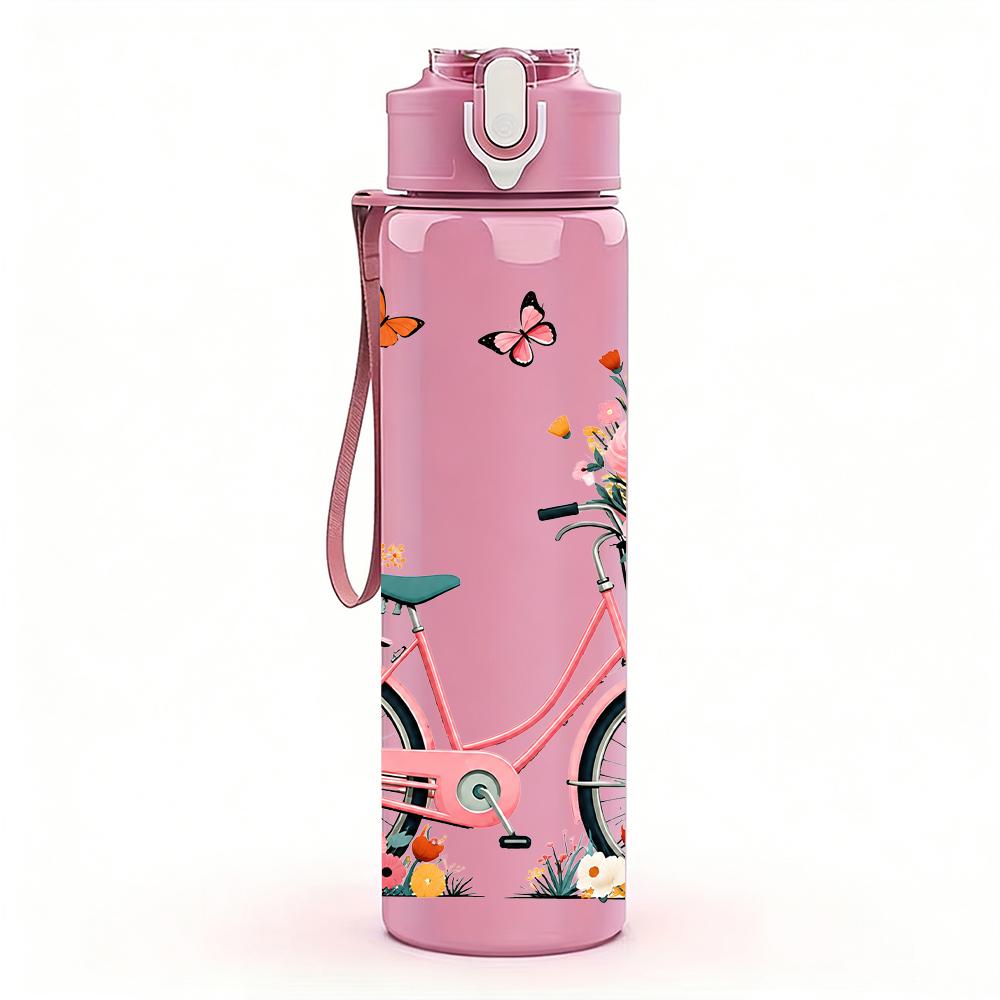1PC Floral Bike Butterfly 750ml Color Plastic Sports Water Bottle Leakproof Flip Straw Lid Suitable for Sports Office Home Use