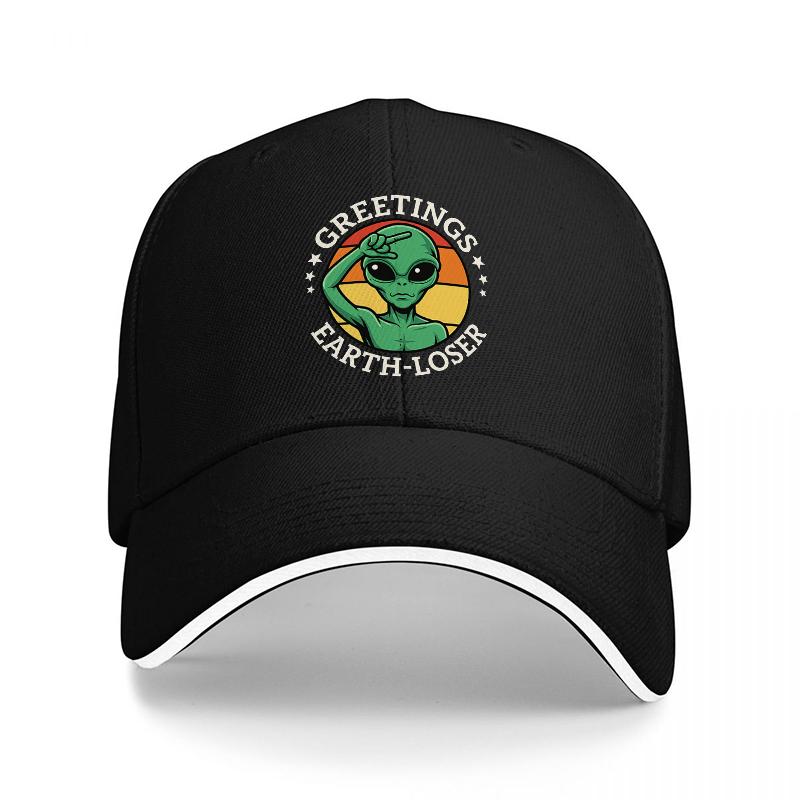 Greetings Earth Loser Alien Baseball Cap Retro Vintage Style Black Hat with Green UFO Design for Unisex and Women