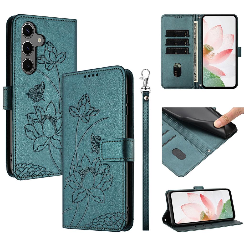 For Samsung Galaxy S25/S24 Case Wallet Stand Lotus Imprint Leather Phone Cover with Wrist Strap