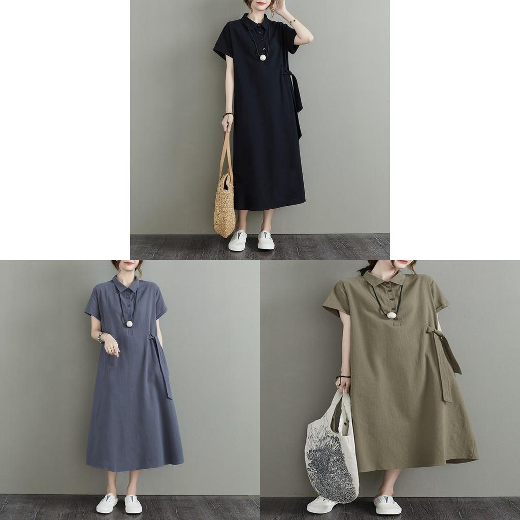 Japanese Style Loose Cotton Linen Short Sleeve Dress With Pockets For Casual Wear