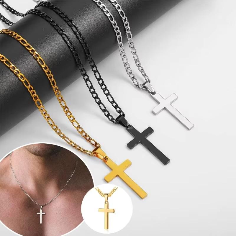 Unisex Stainless Steel Cross Pendant Necklace Punk Hip Hop Chain Vintage Crucifix Rosary Beads Charm Cool Gift for All