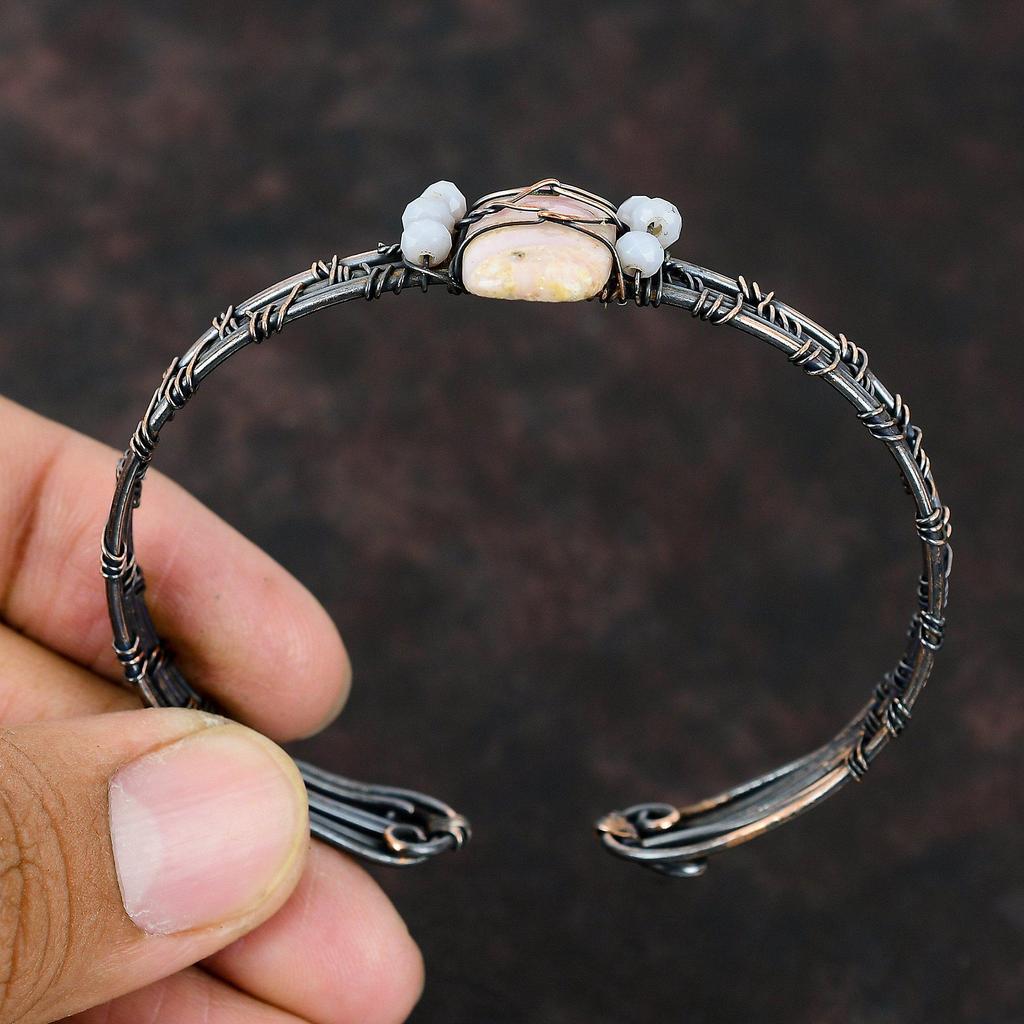 Браслет-манжета из розового опала и меди, браслет с синими кружевными бусинами из агата, браслет из медной проволоки, регулируемый браслет-манжета ручной работы